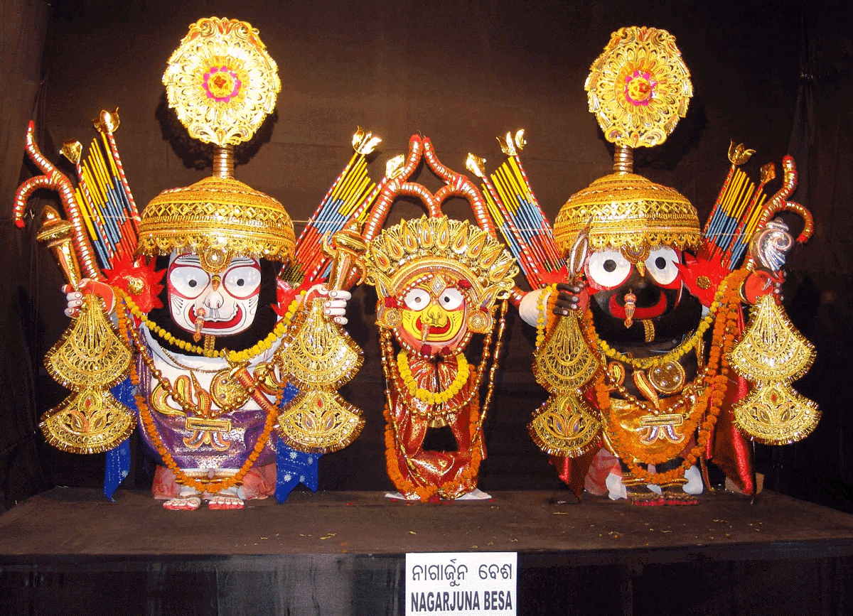 Lord Jagannath, Baladev and Subhadra in Nagarjuna Vesa ( Click for large ve...